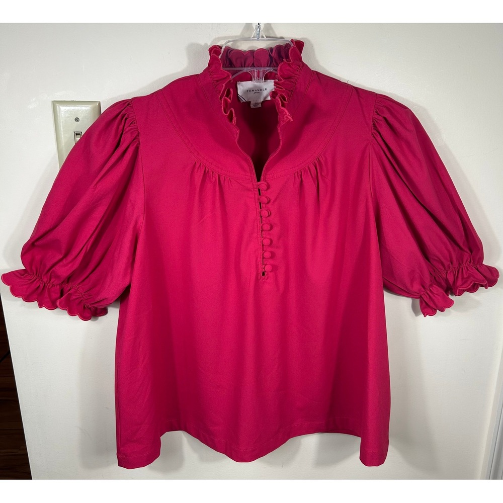 Pomander Place Tuckernuck Selena Blouse Womens XL Pink Puff Sleeve Ruffle Neck